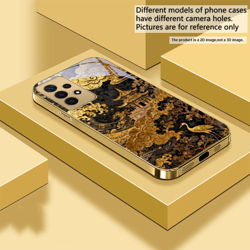 Golden Surging Waves For Samsung A 01 52S A04 A05S A10 A12 A13 22 23 24 36 42 M02 Note 10 20Ultra 8 9 Golden Glass Phone Case