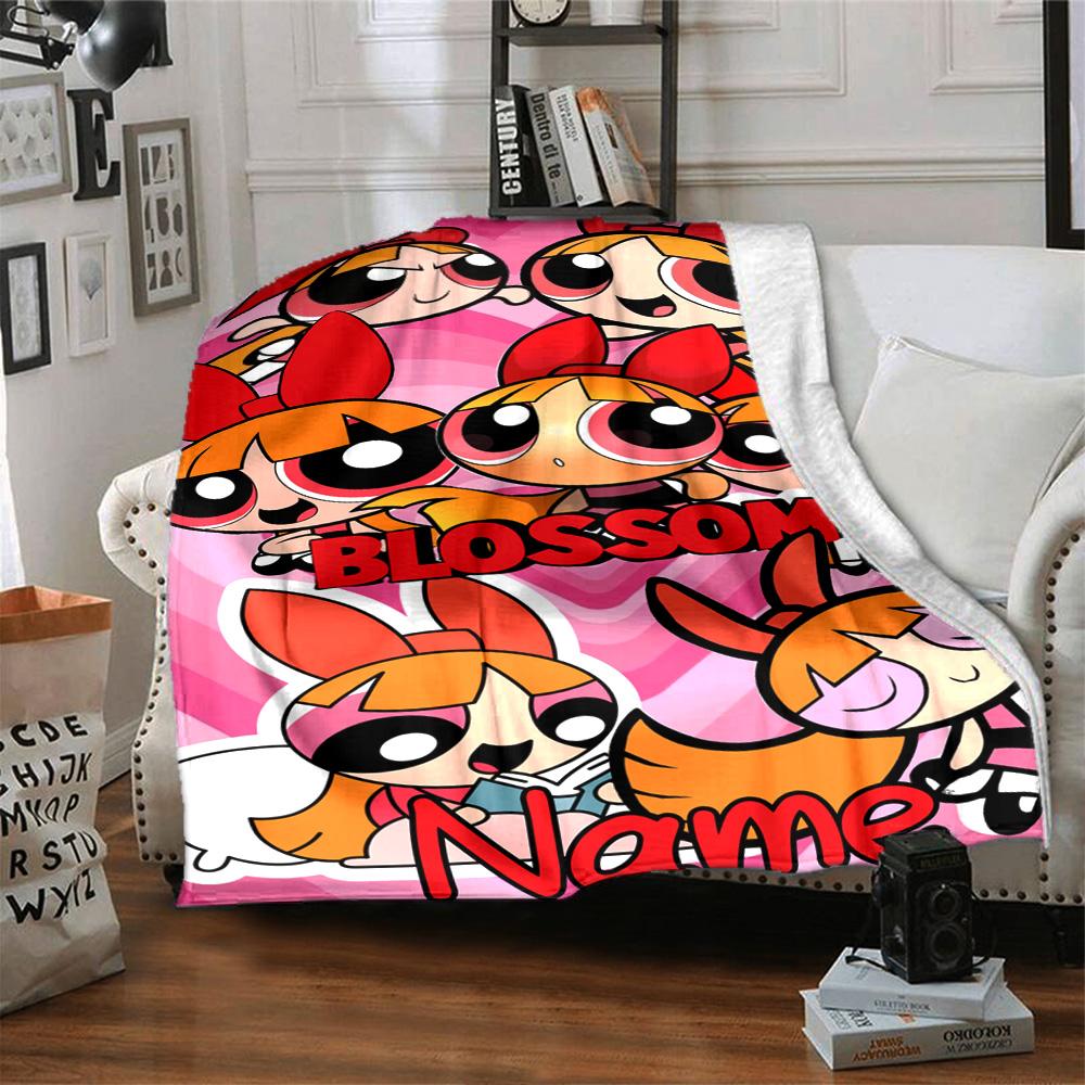Custom Name Powerpuff Girls Adventure Flannel Blanket for Super Soft Cute Comfort Blanket for Travel Bedding Couch Sofa Blanket