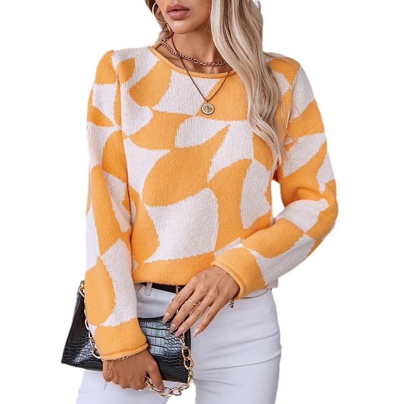 Casual Knitted Mock Neck Sweater for Women Print Colorblock Long Sleeve Loose Fit Pullover Women's Fall Winter Oversized Knitwear Crewneck Sweaters