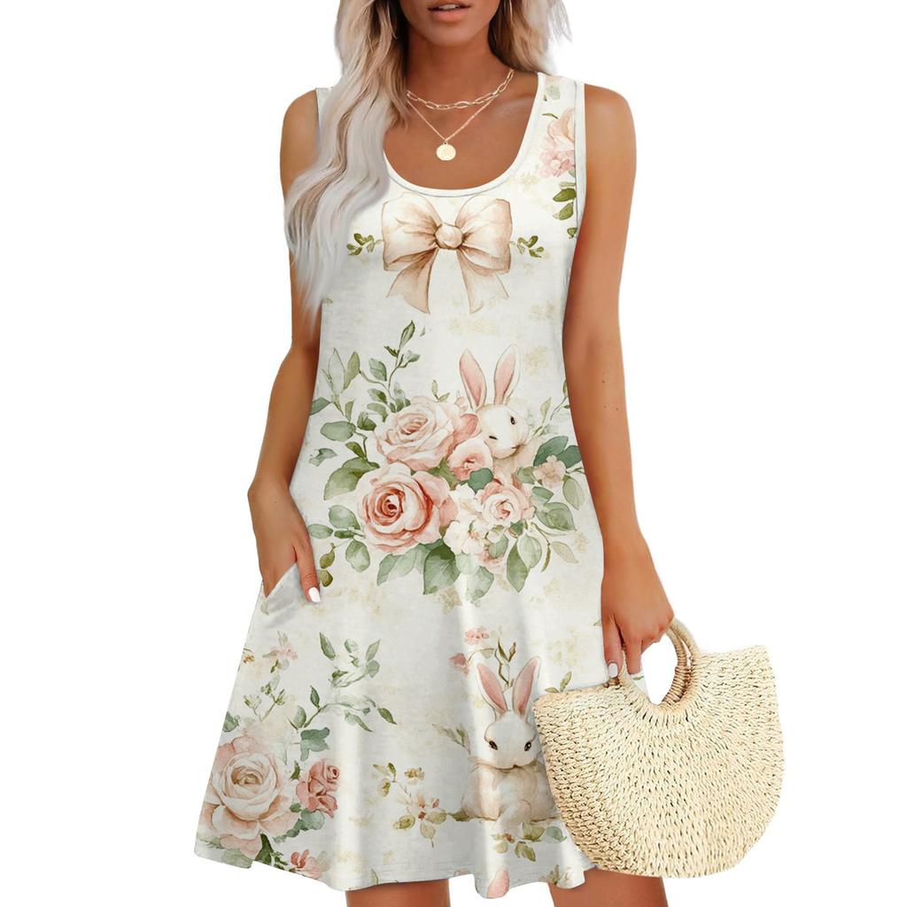 Women's Fashion Casual Sleeveless Round Neck Easter Print Dresses