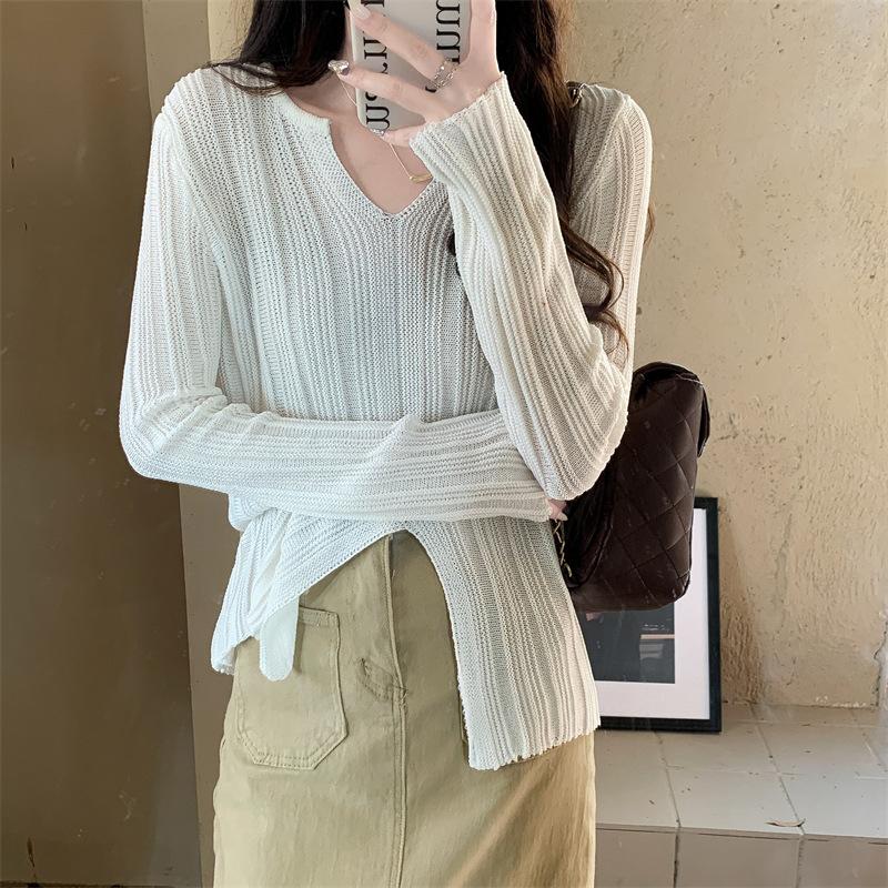 

Elegant V-neck Long Sleeve Knitted Women Top Slim Fit Fashion Pullover Sweater Hollow Autumn Korean Style Casual Knitwear Jumper One Size білий