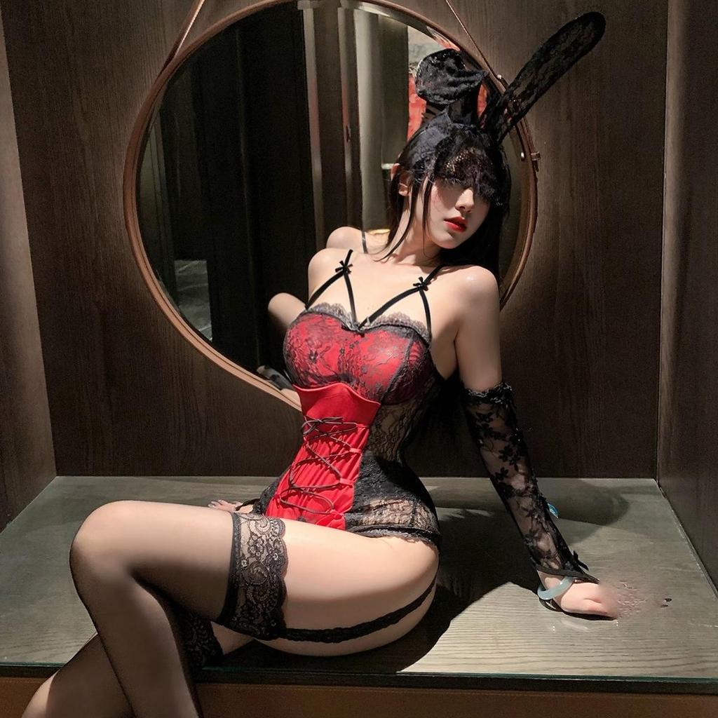 Sexy Lace Christmas Bunny Lingerie with Open Crotch - Seductive Nightwear Bodysuit 9190