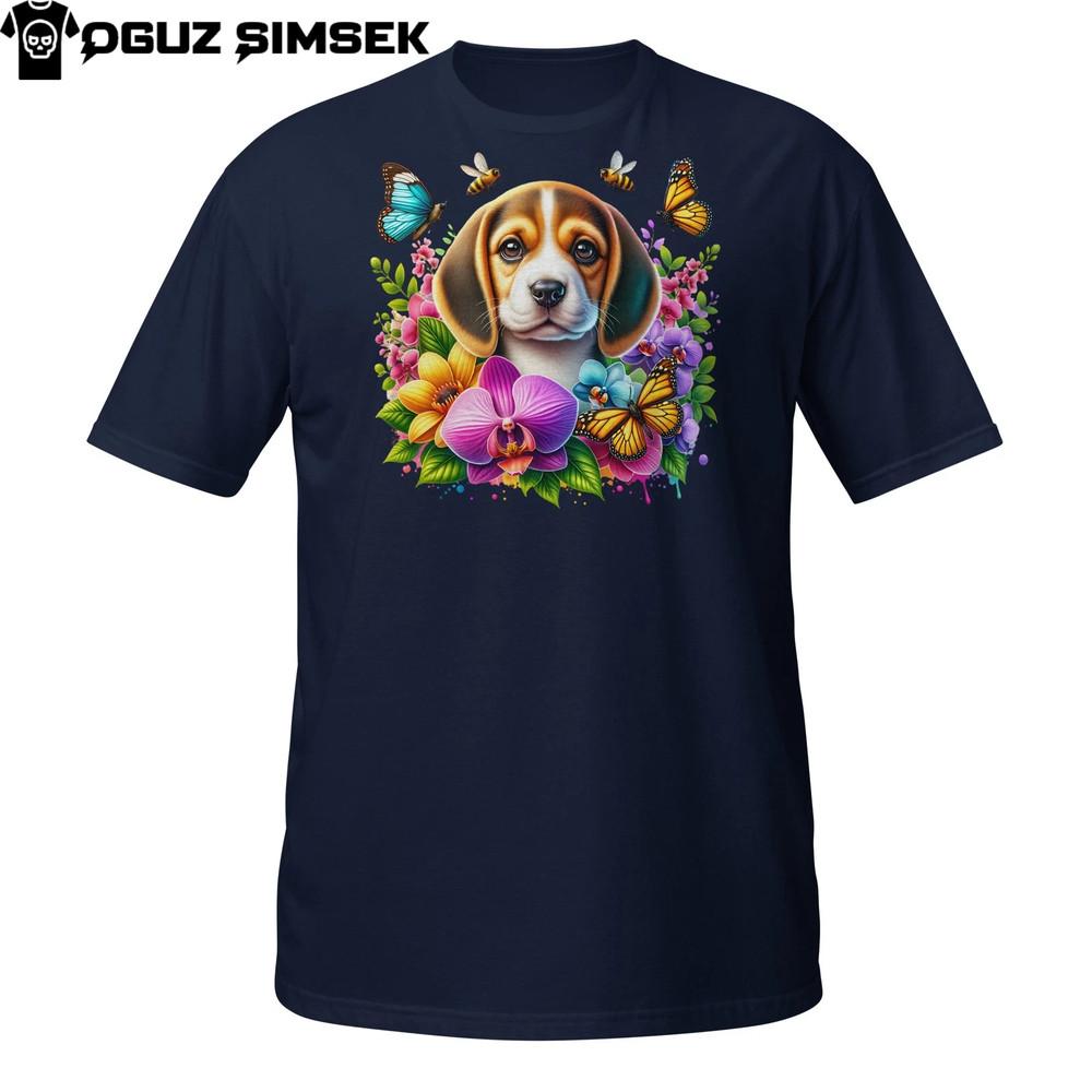 

Футболка с щенком бигля и цветами – Милая собака в окружении орхидей и бабочек M