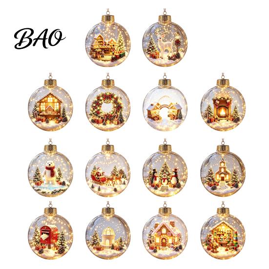LED Christmas Indoor Decor Lighted Ornaments, 3D Miniature Scene Hanging Balls with Warm Light, Cute Party Supplies Reindeer Penguin Bear Clear