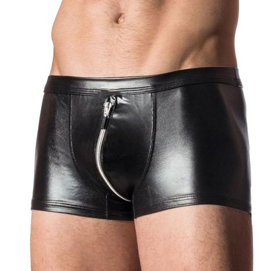 Men Panties Solid Color U Convex Open Crotch Zipper Underwear Faux Leather Good Stretch Briefs Underpants for Living Room