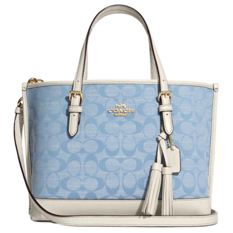 New COACH Canvas With Leather Tote Bag, Shopping Bag, Handbag, Crossbody Bag Medium Size Women's Blue Monogram White CA142-IMUDY