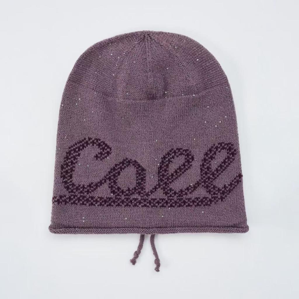 Autumn and winter letter retro drawstring stacking hat women's casual versatile ear protection big head circumference warm knitted wool hat