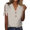 Women's Fashion Summer V-Neck Bow Short Sleeve Solid Color Button T-Shirt Top