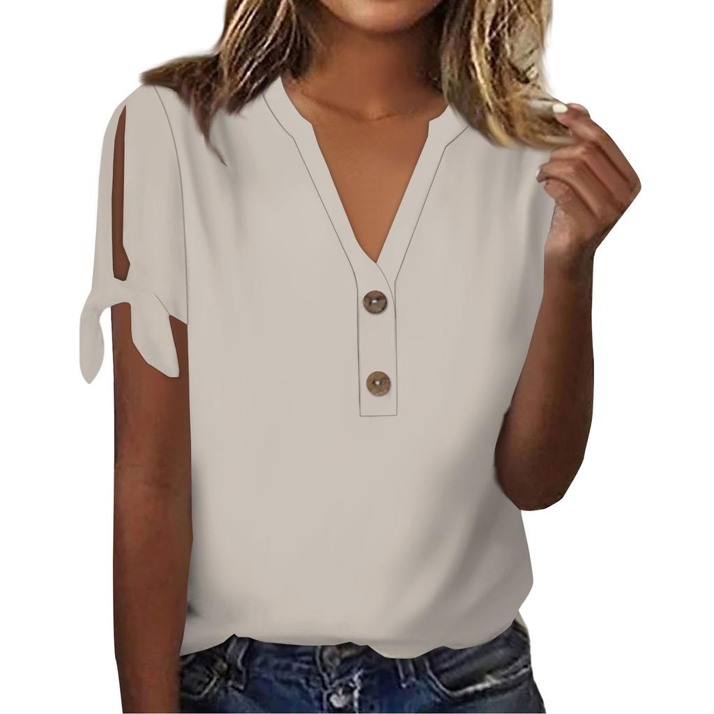 Women's Fashion Summer V-Neck Bow Short Sleeve Solid Color Button T-Shirt Top
