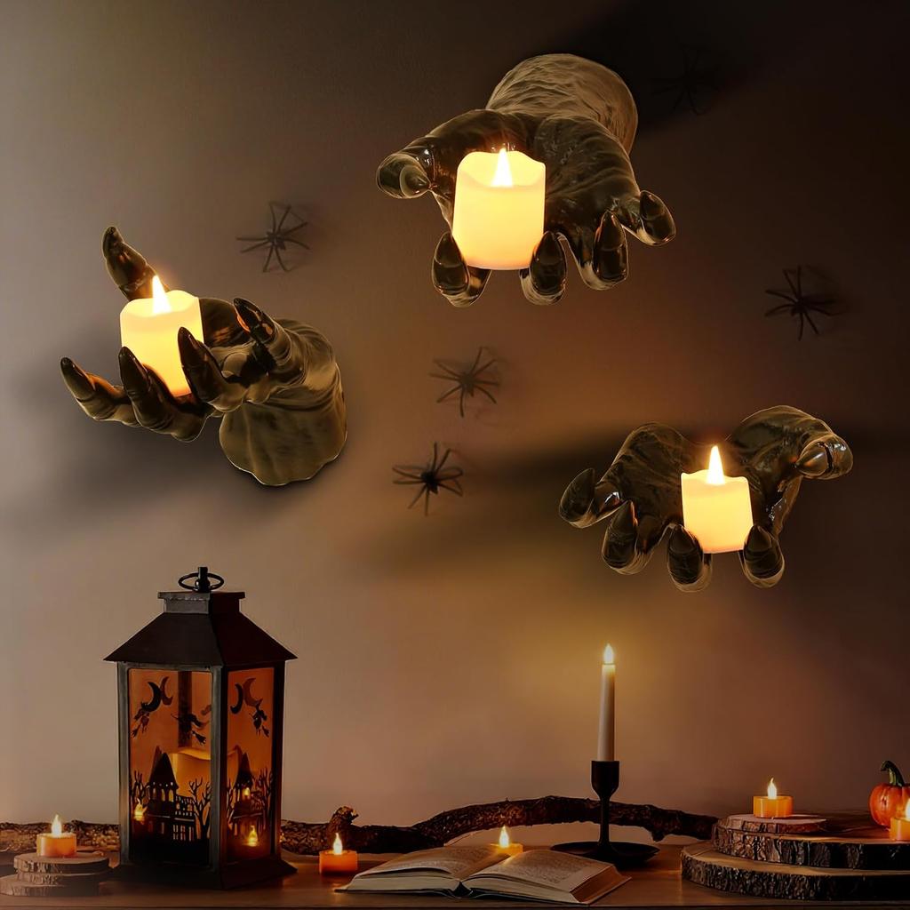 Halloween Decorations Indoor Gothic Decor Pack Of 3 Wall Mounted Hands Creepy Reaching Hands With Lighted Candles For Gothic Wall Decorations