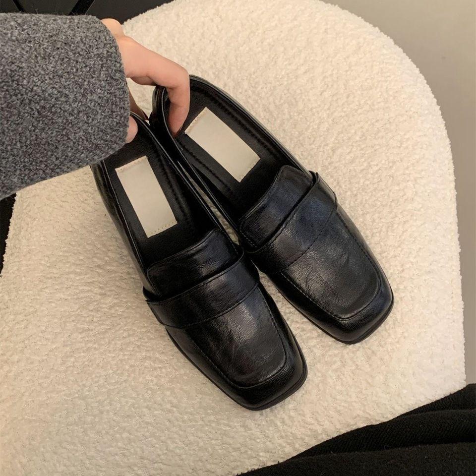 New Loafers Square Head Lazy One Pedal Thick High Heel Small Leather Shoes Versatile French Mary Jane Single Shoes Women's Middle Heel