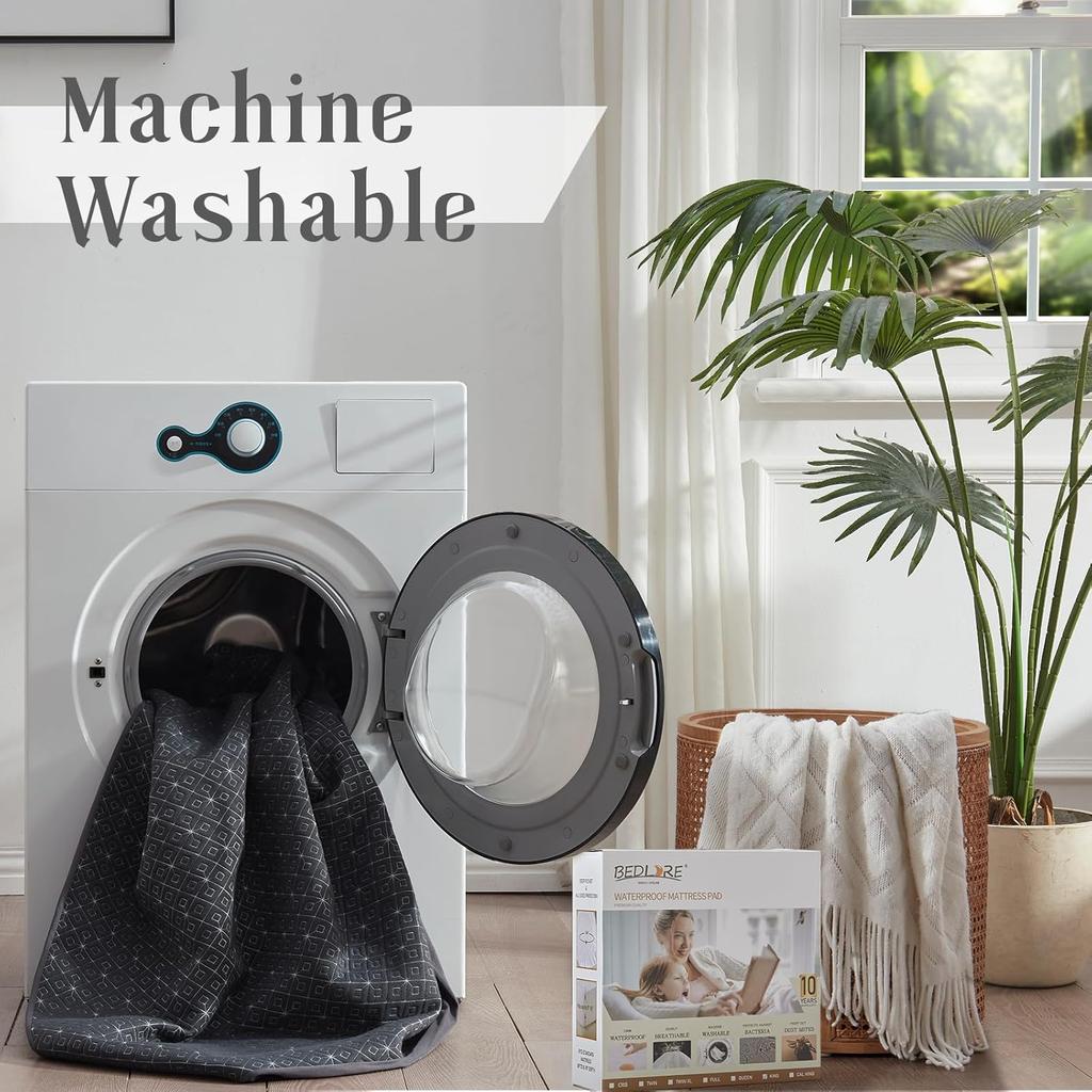 BEDLORE Queen Mattress Protector, Waterproof Noiseless Mattress Cover with Deep Pocket for 6-18 inches Mattress, Soft Breathable Mattress Pad Machine