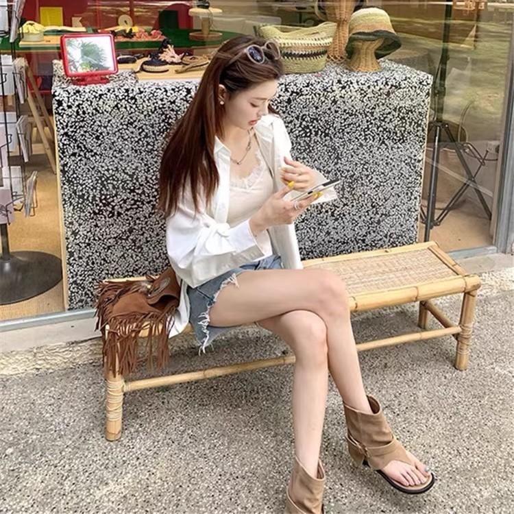 Soft leather version~ trendy ins Spice Girls mid-tube toe cool boots women's summer new breathable niche herringbone Roman sandals