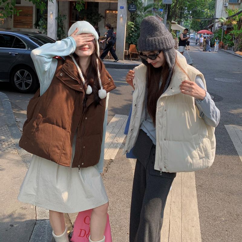 New down cotton vest women's fashion short hooded vest loose sleeveless thickened vest jacket in autumn