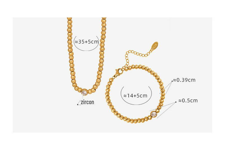 18K Gold Titanium Steel Beaded Zircon Necklace & Bracelet Set for Women