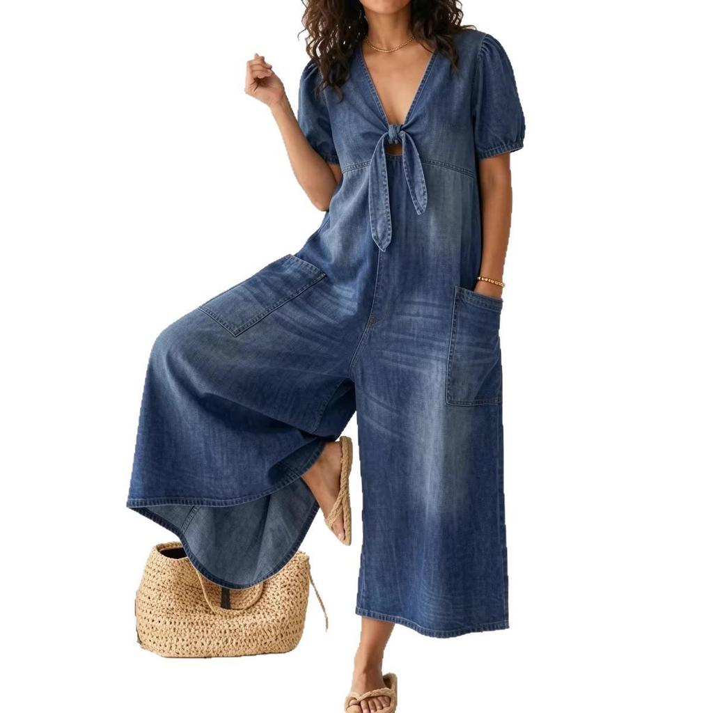Frühling/Sommer Damen Lässiger Jeans-Overall mit V-Ausschnitt