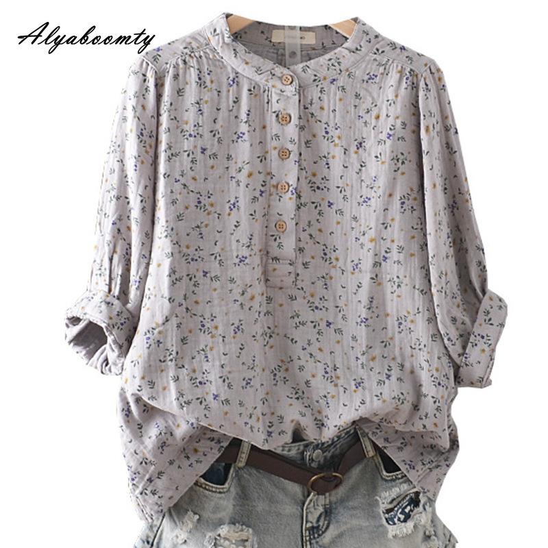 Korean Style Spring Summer Women Cotton Blouse Stand Collar White Gray Pink Print Baggy Shirt Vintage Casual Loose Ladies' Blouse