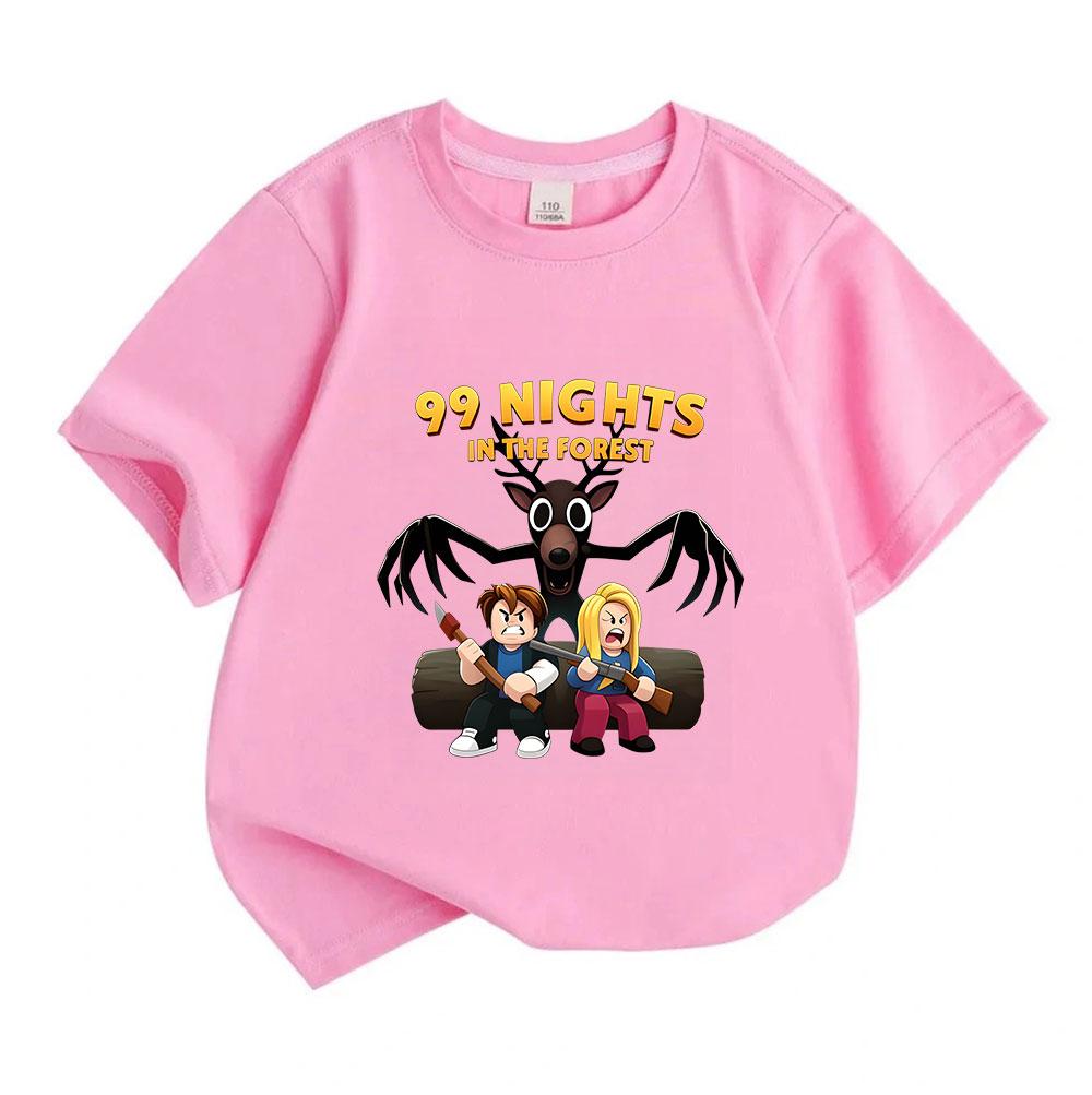 Kids Boys Girls Crew Neck Short Sleeve 100% Cotton T-Shirt, Funny 99 Nights In The Forest Cartoon Print Casual Tops for Children Daily Wear