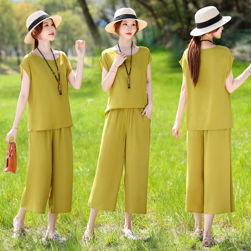 Cotton Silk Two Piece Set Womens Summer Outfit Loose Short Sleeve T-shirt and Pants Casual Trendy Plus Size