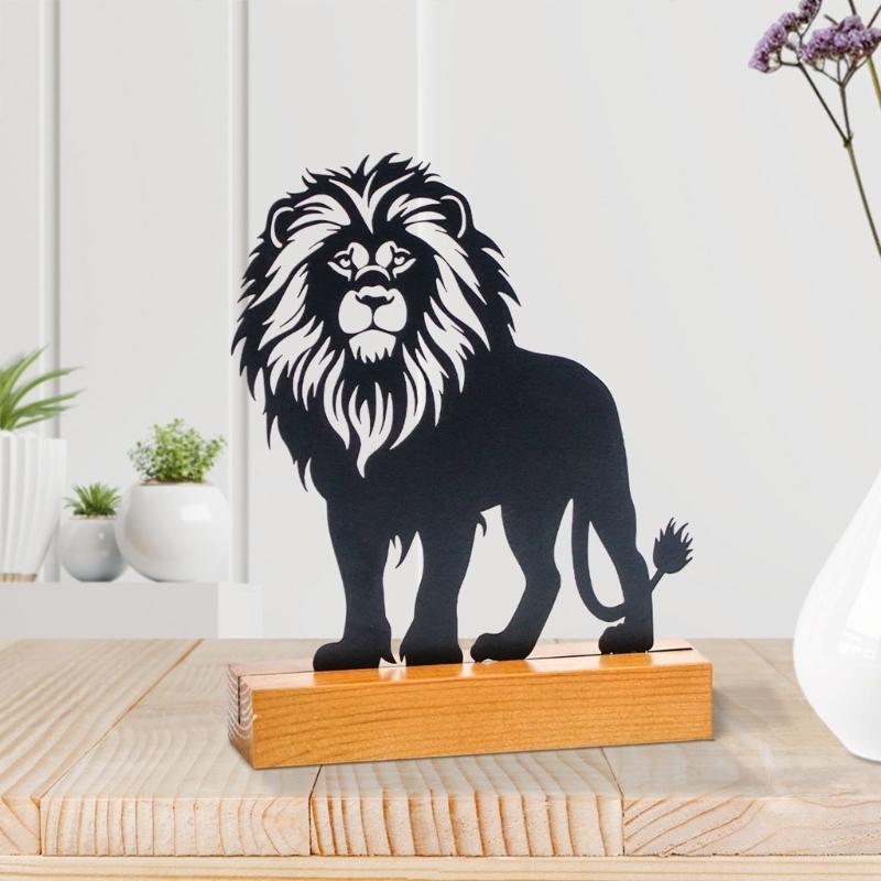 Metall Löwenstatue Figur Hohl Eisen Tierskulptur mit Holzsockel Tischmittelstücke Dekore Heim Desktop Ornament