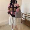 Retro contrasting striped plush soft waxy knitted cardigan women's autumn and winter age-reducing short retro coat