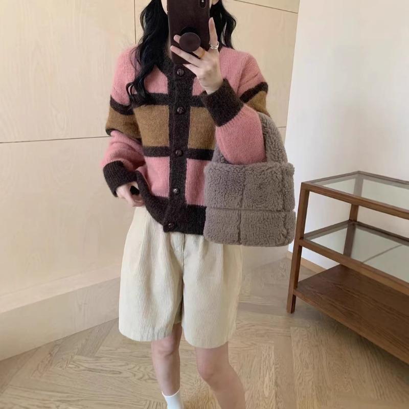 Retro contrasting striped plush soft waxy knitted cardigan women's autumn and winter age-reducing short retro coat