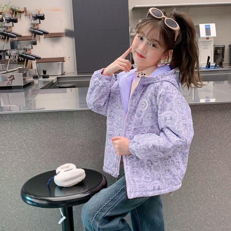 Kids Girls Reversible Fleece Lined Hooded Cartoon Windbreaker Jacket