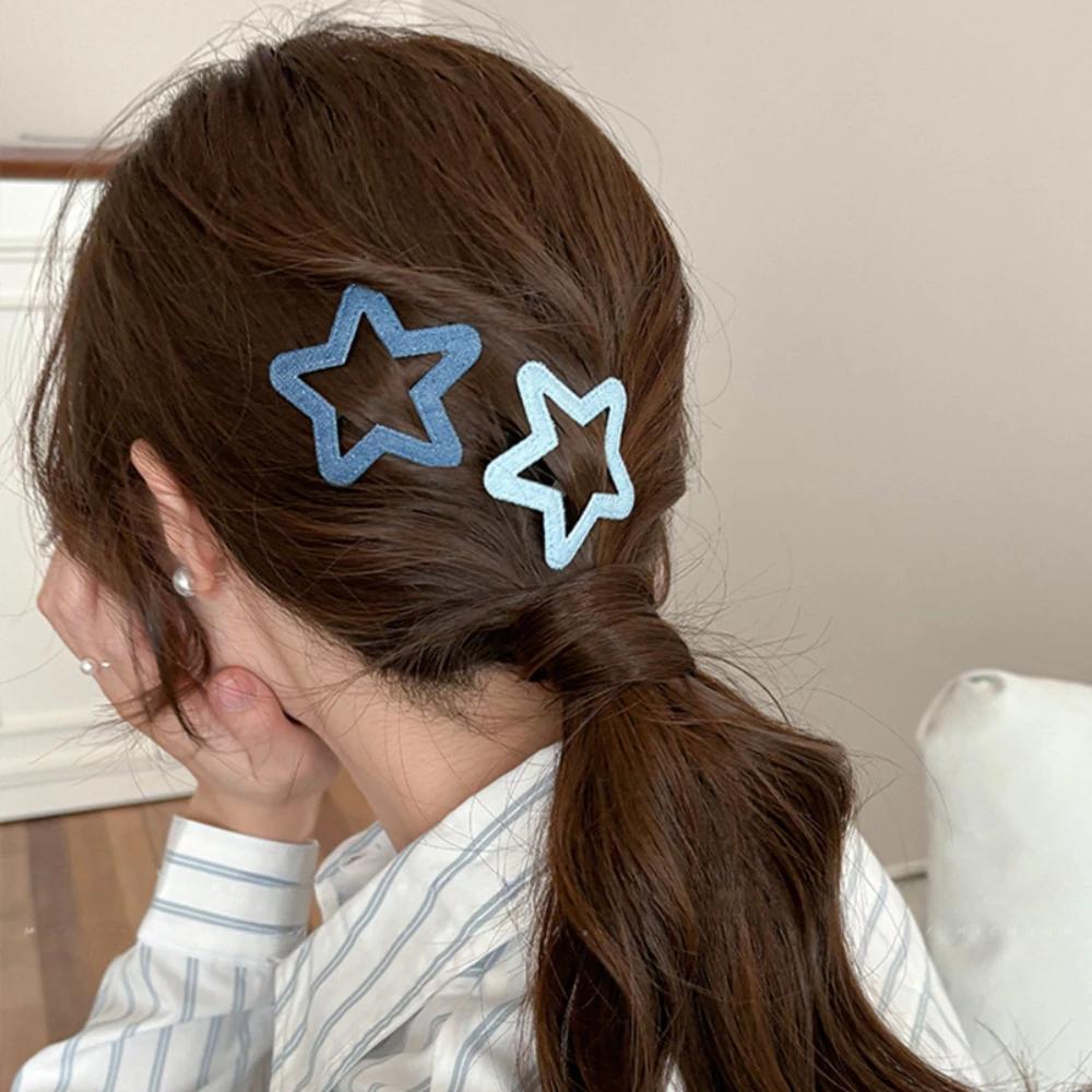 2pc Fashion Denim Velvet Red Heart Star BB Hairpin Hair Side Clips for Women Girls Hair Accessories