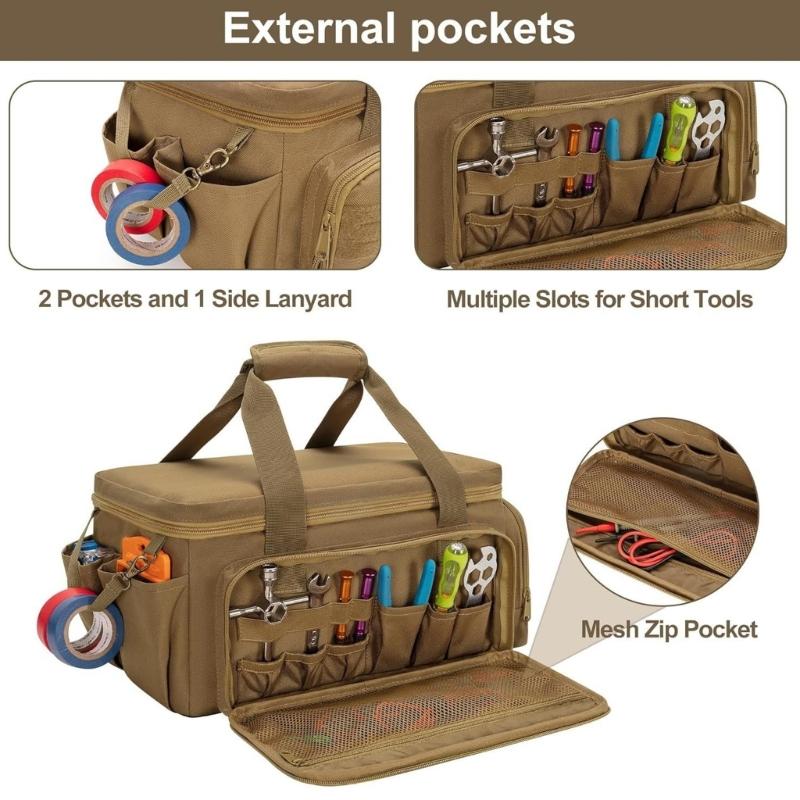 Tear Resistant Multiple Pocket Polyester Tool Organizer Multifunctional Electrician Tool Storage Bag with Side Lanyard