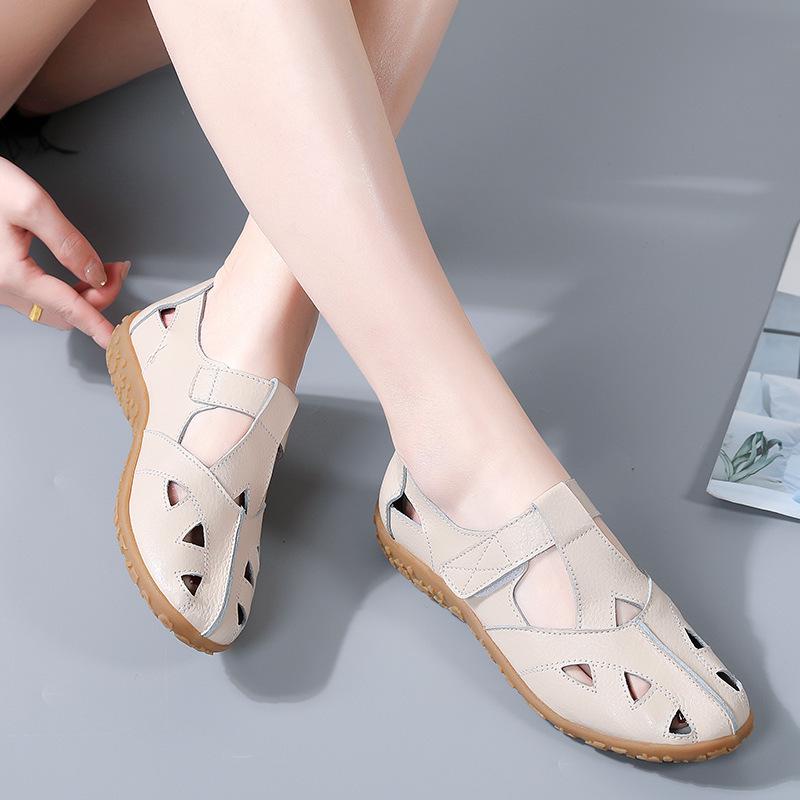 Women's Summer Genuine Leather Moccasins: Casual Sandals with Hollow Design - Perfect for Moms and Nurses