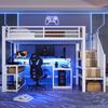 Łóżko piętrowe, 90 x 200 cm, rama żelazna, schowek, schody ze schowkiem, barierka zabezpieczająca, listwa świetlna LED, biurko, port USB, bez materaca, białe