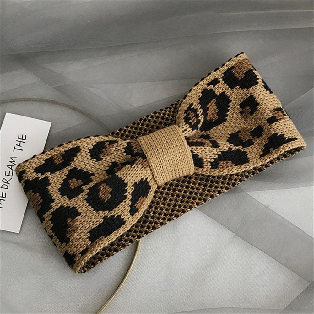 Fashion Hair Styling Winter Warm Leopard Headwear Crochet Head Wrap Bowknot Turban Knitted Headband