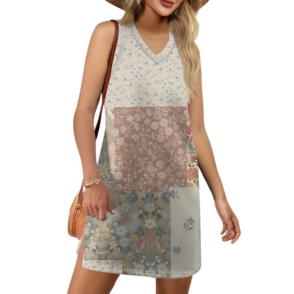 Women's V-neck Summer Casual Beach Vacation Women's Sleeveless Vintage Print Sundress