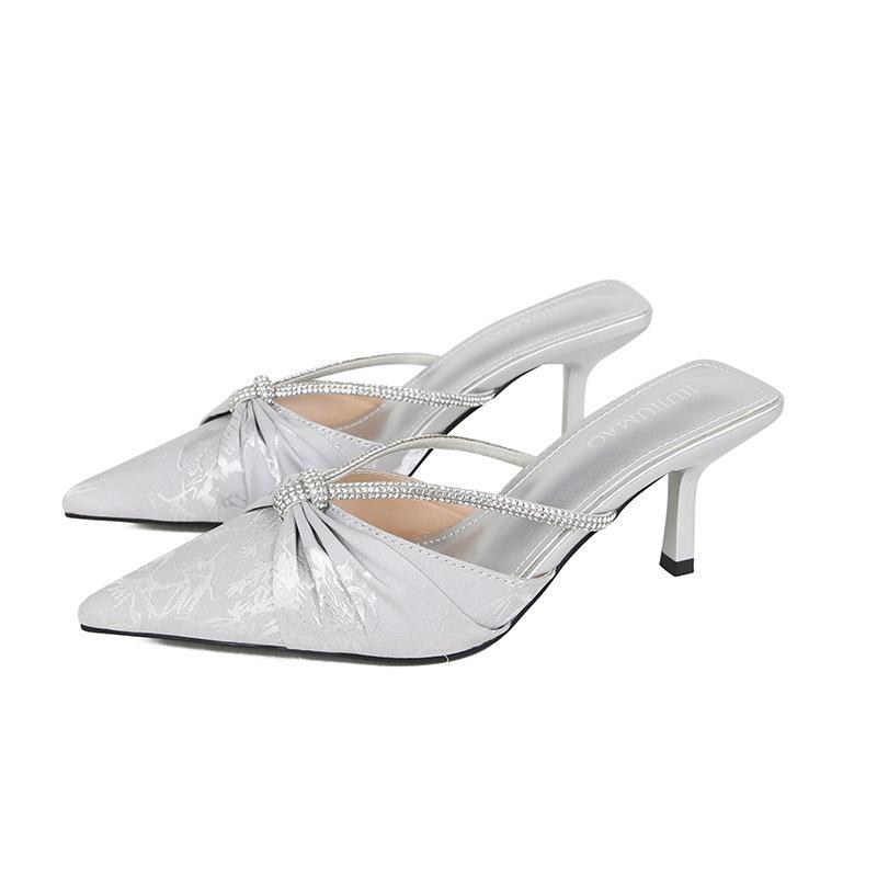 2025 New Chinese Style Satin Pointed Drill Belt Thin Heel Pointed Bag Head Wrinkled Half-drag Temperament Women's Heels