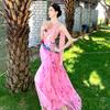 Ming X Same Color Floral Slanted Shoulder Dress Women, Thai Beautiful Waist Holiday Dress