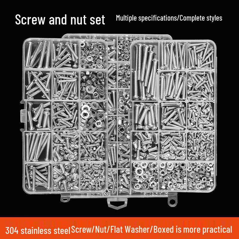 304 Stainless Steel Fastener Set: Nuts, Washers, Machine & Self-Tapping Screws, Bolts, Nails, Round Head M3/M4.