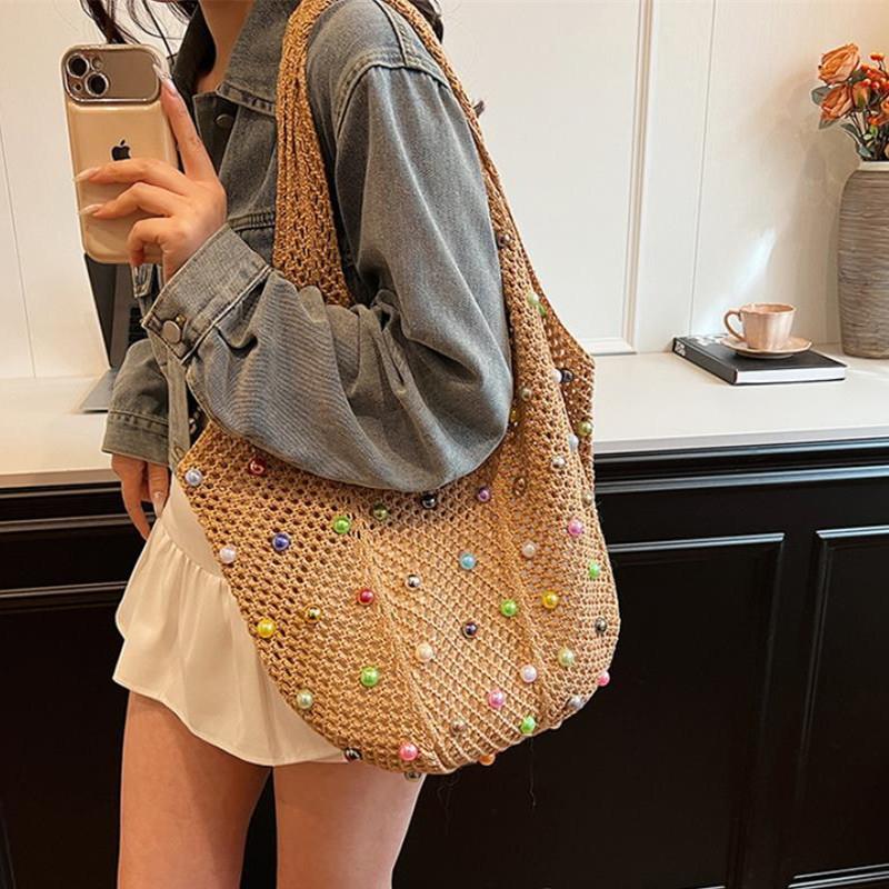 Summer Commuting Woven Bag for Women Single Armpit Bag, Fashion Large Capacity Tote Bag, Beach Pearl Hollow Handbag Shoulder Bag