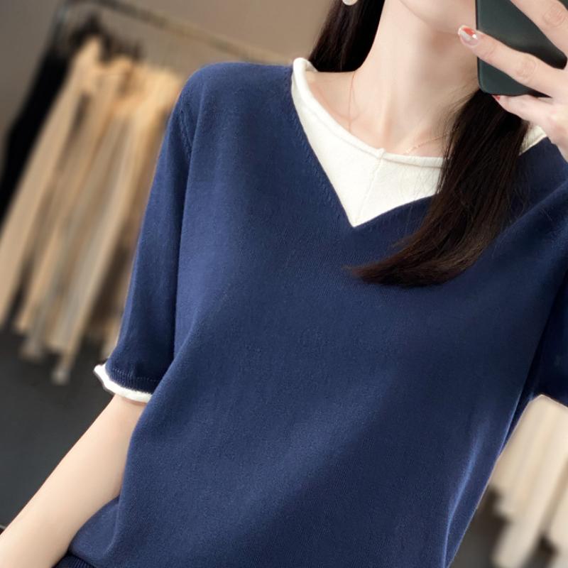 

Женская летняя новая модная и универсальная трикотажная базовая футболка из чистого хлопка с V-образным вырезом, с цветными блоками, имитацией двух частей и короткими рукавами, удобная футболка XXL