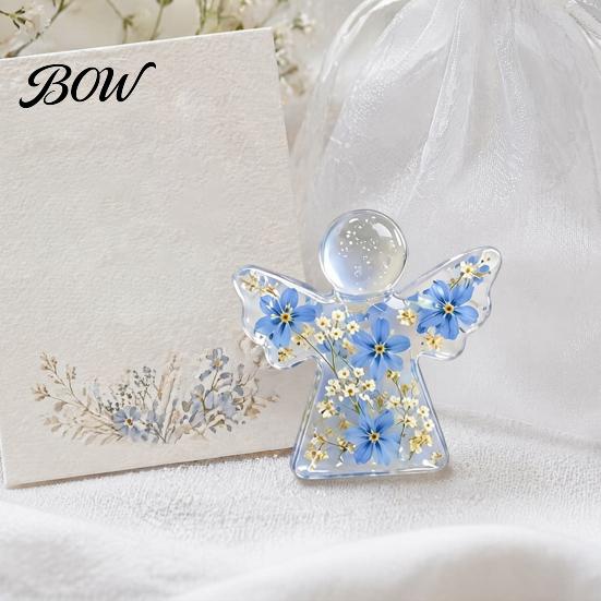 Small Angel Collectible Ornament Forget Me Not Dried Flower Keepsake, Mini Acrylic Pocket Hug Figurine, Commemorative Gift for Sympathy