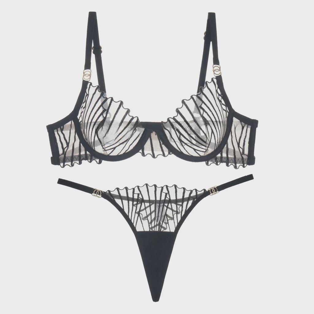 Ultra-Thin French Embroidered Mesh Bra & Thong Set - Women's Breathable, Gathered Fit.