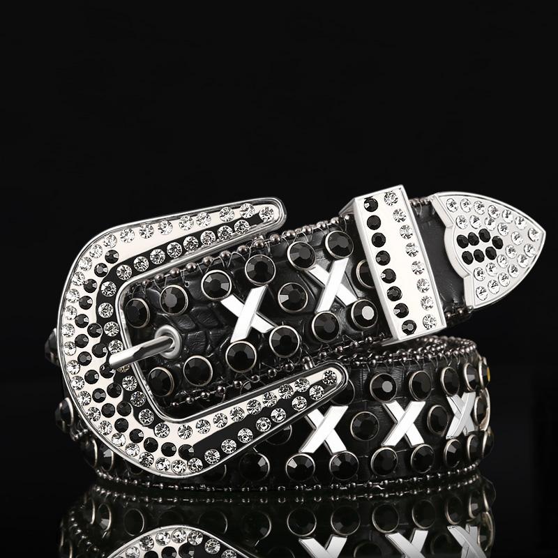 Western Leather Belt With Rhinestone BB SIMON CrystalBelt Buckle Cotton OEM Customized Pcs Color
