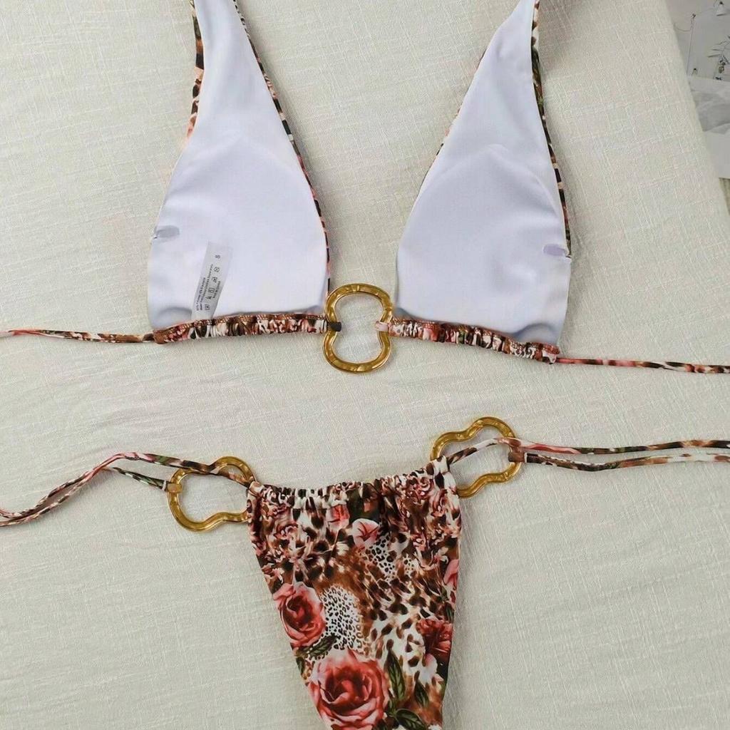 New Sexy Bikini Suit Lace-Up Solid Color Printing Low Waist Fashion Women'S Neck