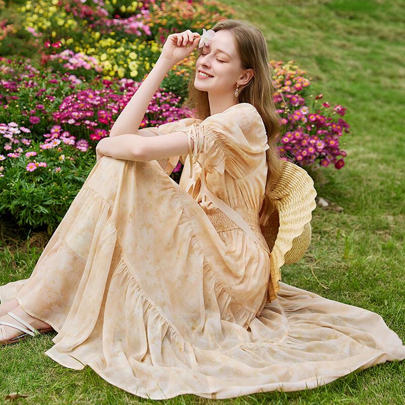 Xiangying Summer Floral Chiffon Tiered Dress