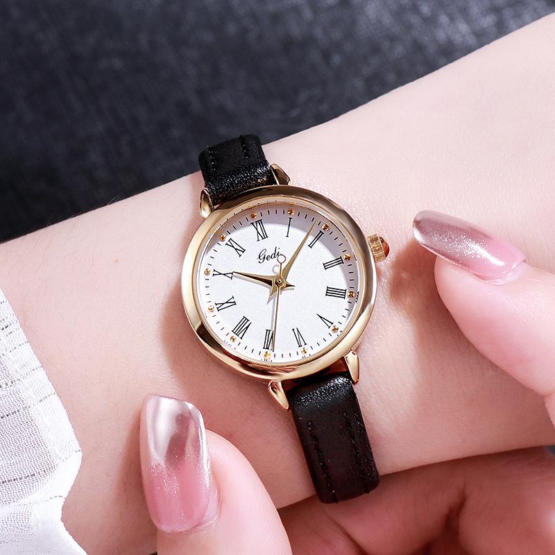 Gedi Round Retro Women's Watch with Roman Numerals - Quartz, Leather Strap, Versatile for Students and Ladies