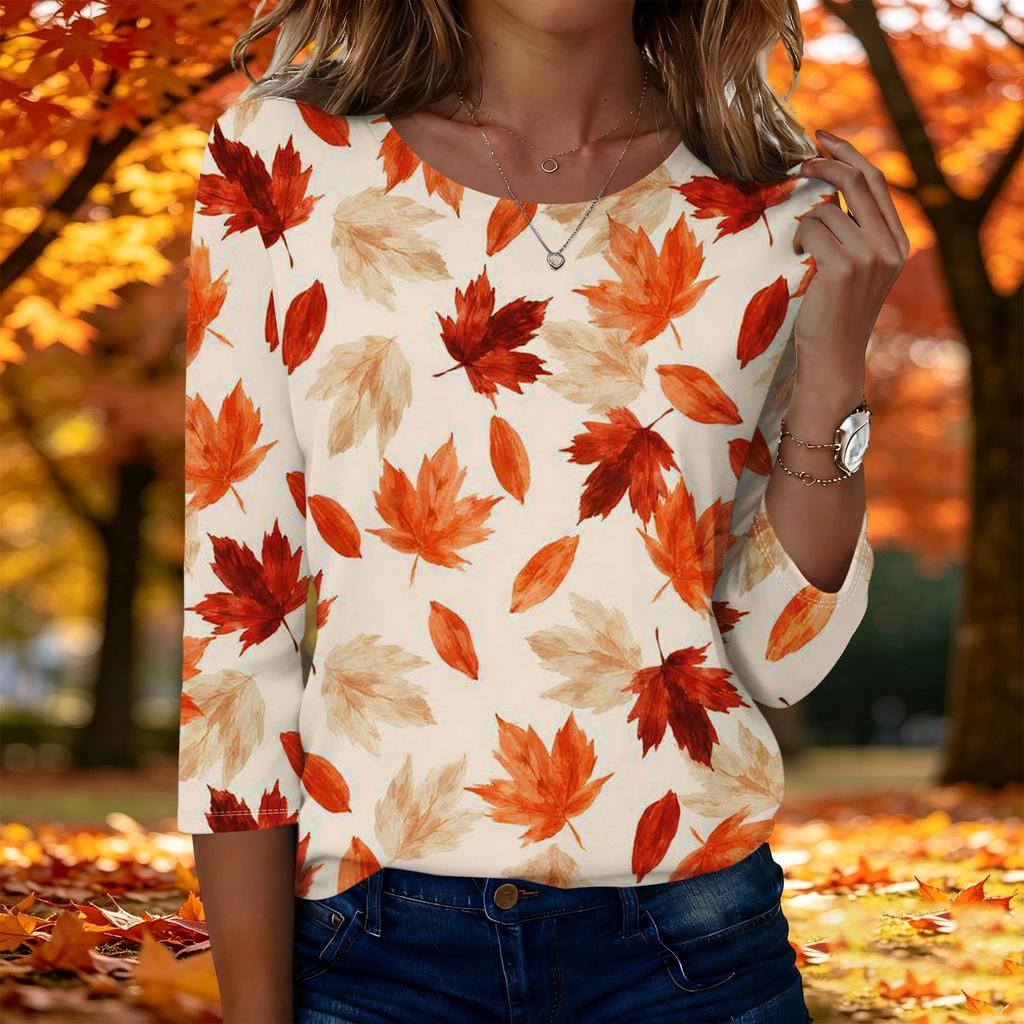 Women's Fashion Casual Three-Quarter Sleeve Round Neck Top with Leaf Print