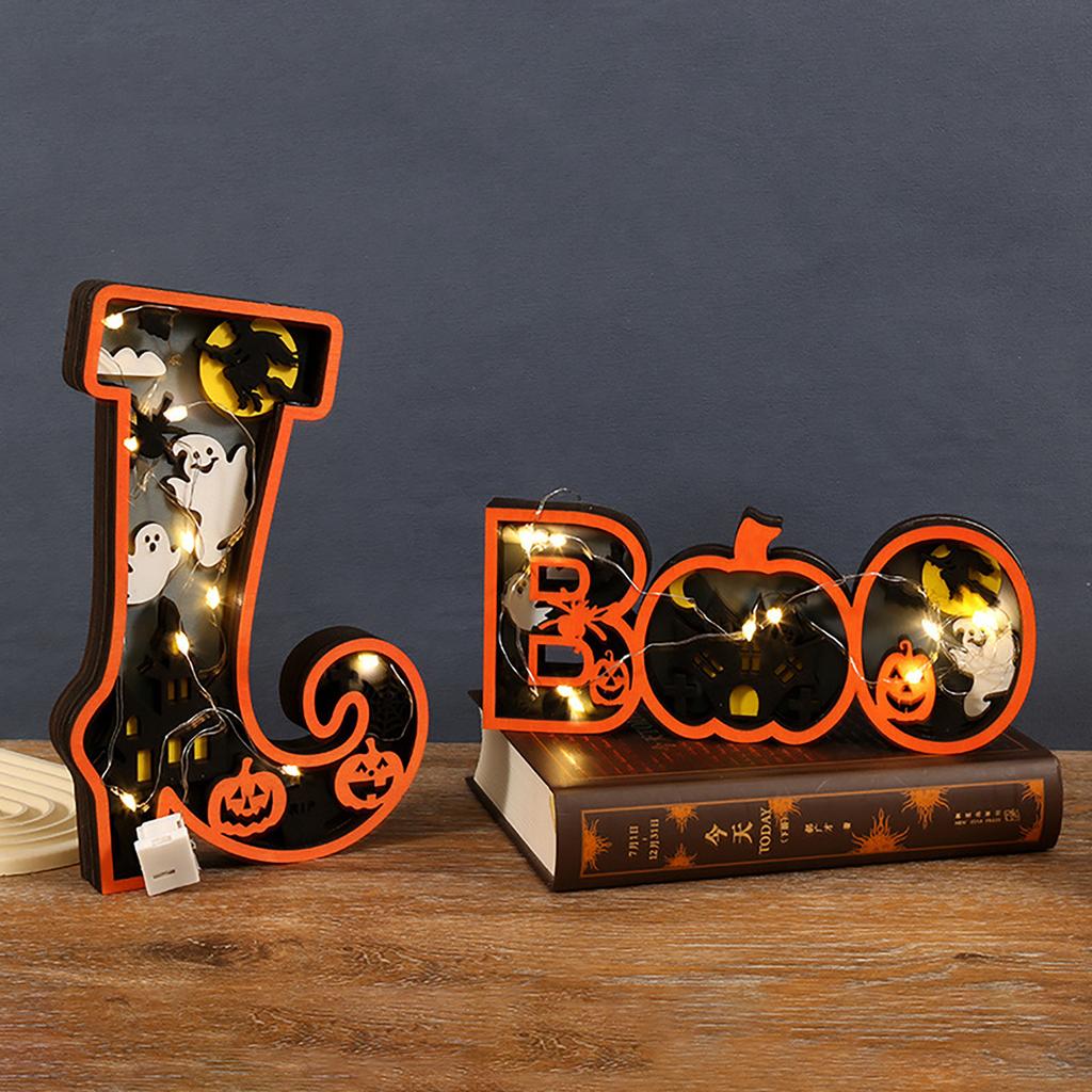 Wooden Halloween Decorative Night Light Sign with 3D Carved Pumpkin Ghost and Haunted House Design for Seasonal Indoor Display