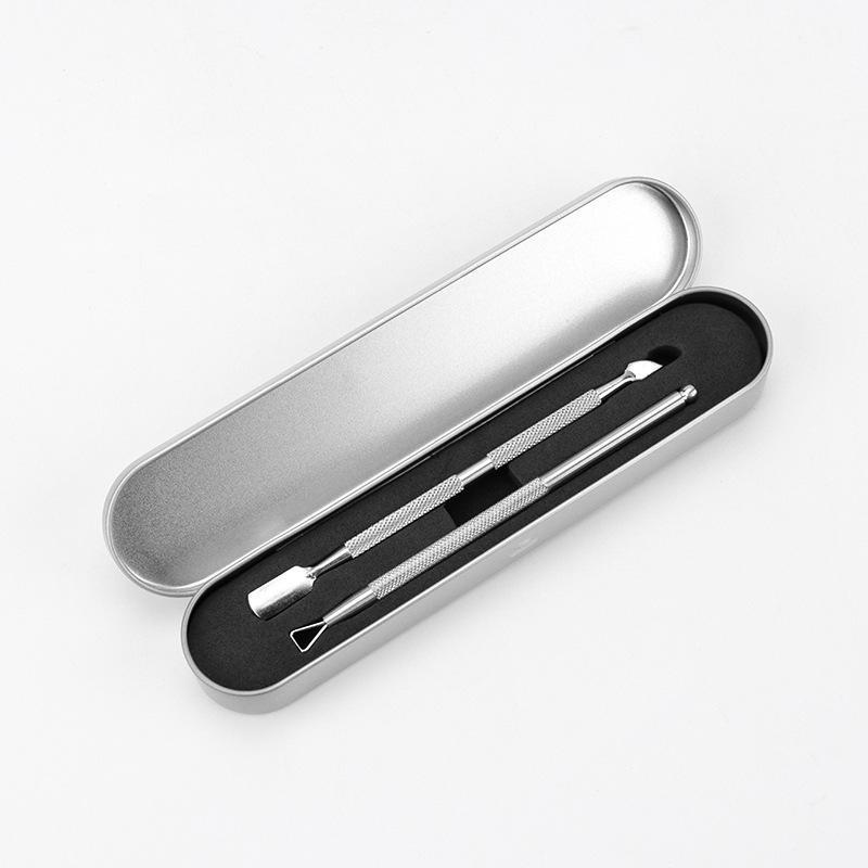 

Набор инструментов для гвоздей из нержавеющей стали: Средство для снятия лака, строгальный станок для клея, толкатель кутикулы 2-piece metal box