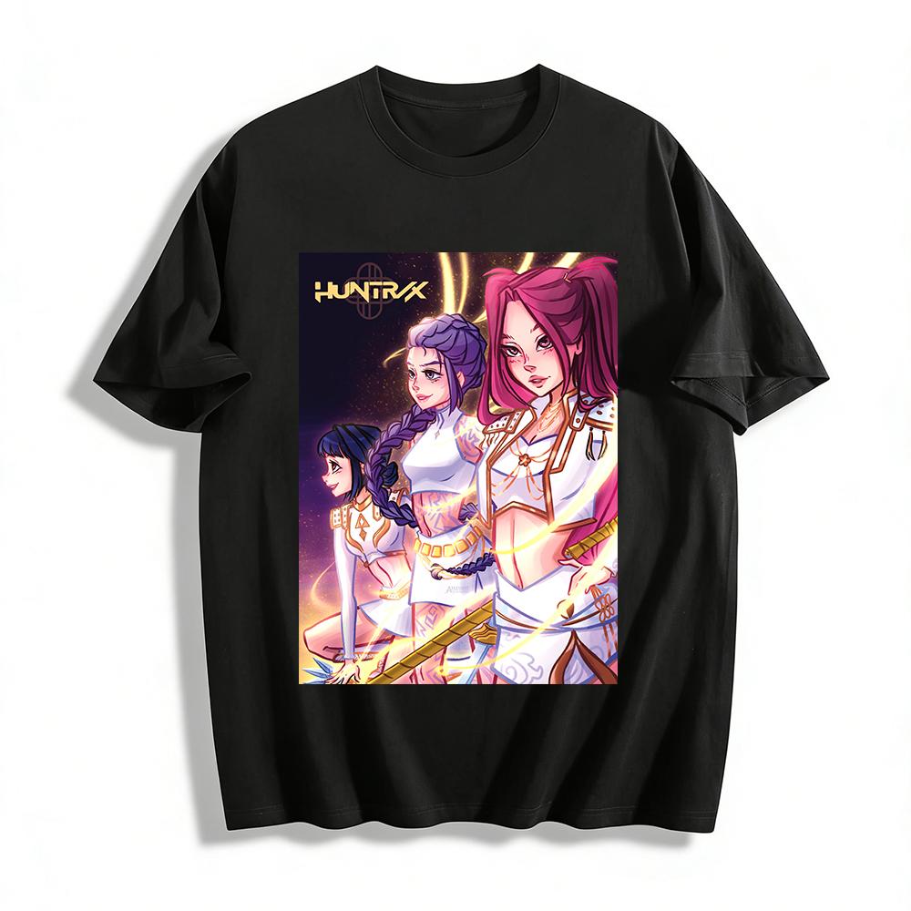 

HUNTRAX Футболка с принтом женской аниме-группы, совместный дизайн, модная аниме-атрибутика, свободный, дышащий, унисекс, футболка из чистого хлопка XXS