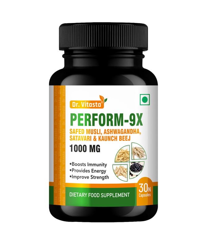 

Dr. Vitasta Perform, 9x Safed Musli, Ashwagandha, Satavari & Kaunch Beej | 30 Capsules 50gm 0.1lbs
