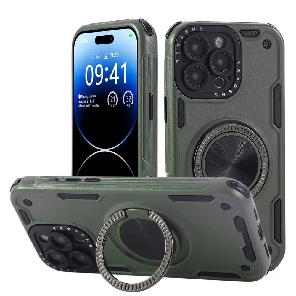 

Phone Case with For Magsafe Magnetic 360° Spin Ring Holder Stand For iPhone 16 Plus 15 14 13 Pro Max 12 11 Shockproof Cover iPhone 15 Pro Max армія зелений колір